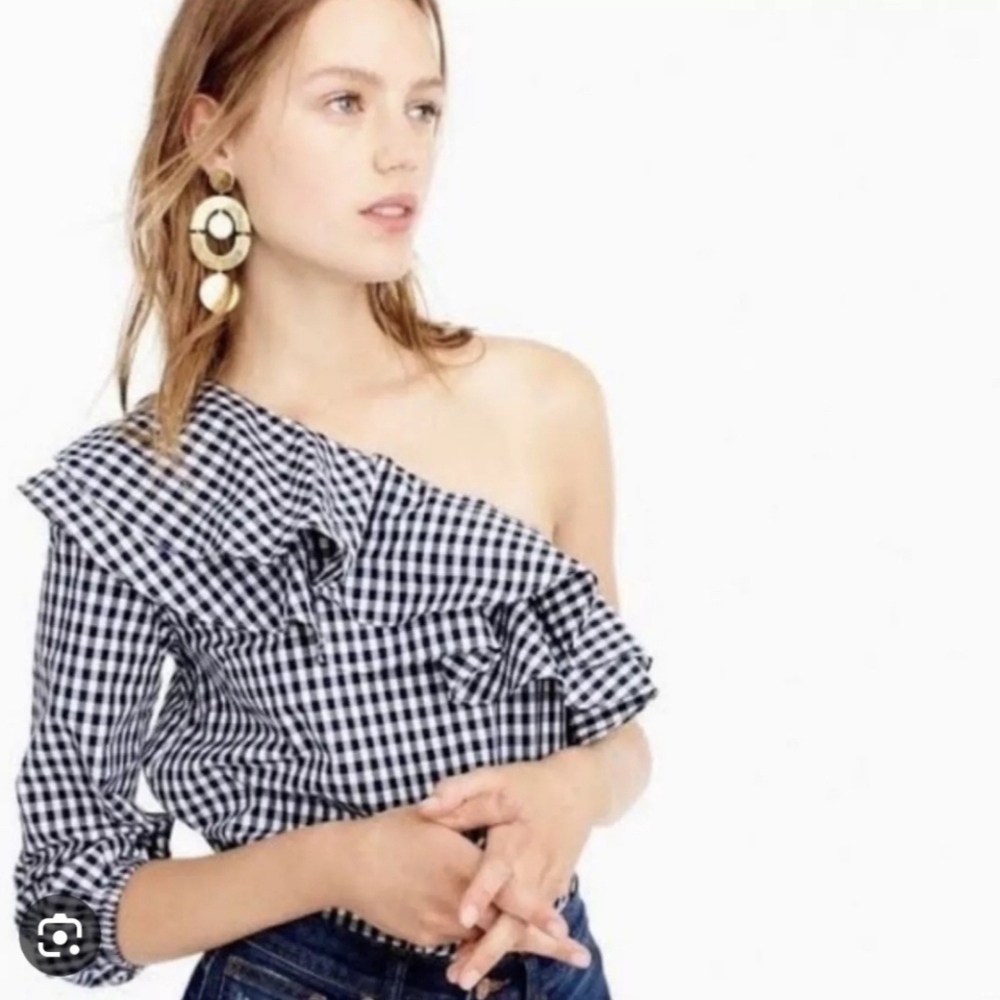 J. Crew Black White Gingham Plaid One-Shoulder Top 100% Cotton Woman's Size 6